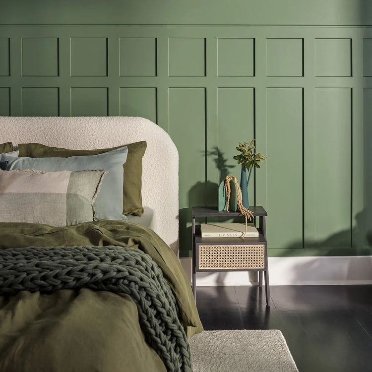 Sydney Harbour's Bayleaf  in Low Sheen Acrylic is an elegant green that is both bold and calming, creating a tranquil vibe. A complex warm green with earthy undertones.  Mid Tone Green Paint. Very Popular Green