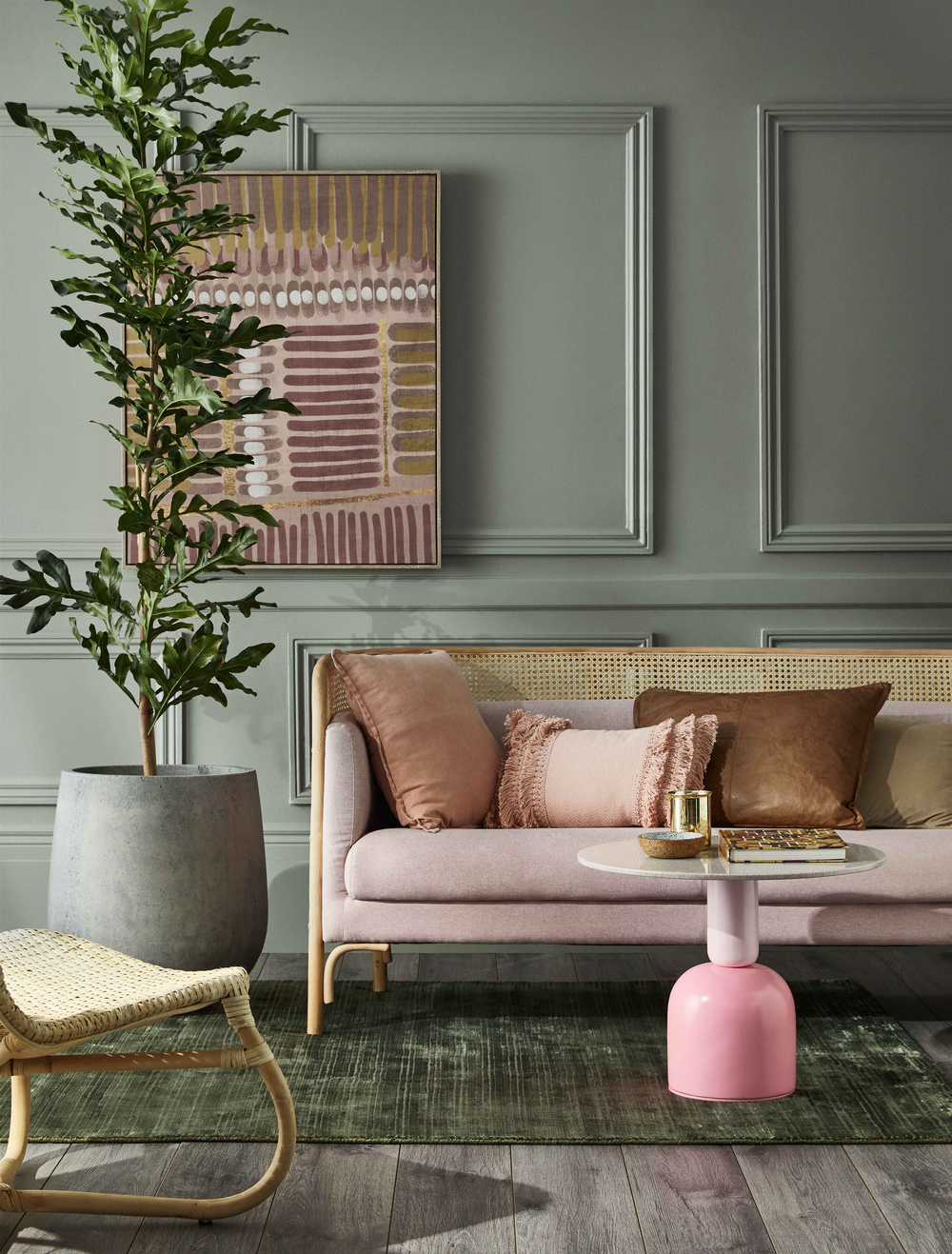 WALLS PAINTED IN FRENCH GREEN With raw umber and ochre undertones, &