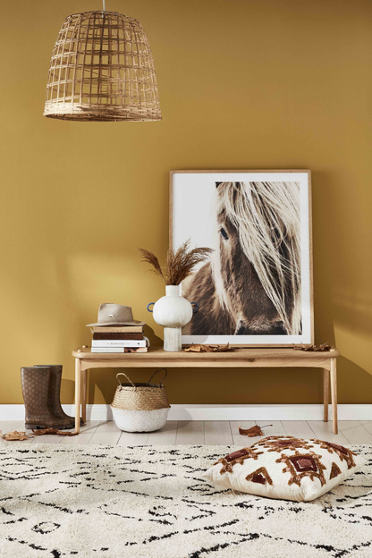 Nest living room with wooden bench, wicker basket, and framed artwork against a Sydney Harbour Paint Company _COLOR Sundance 