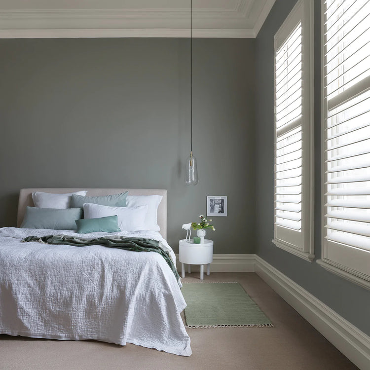 WALLS PAINTED IN FRENCH GREEN French Green: The perfect neutral grey green, with raw umber and ochre undertones. A calming, natural hue for both interiors and exteriors.